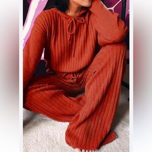 Rust Ribbed Sweater Knit Lounge Set S Burnt Orange Hoodie Pants Drawstring